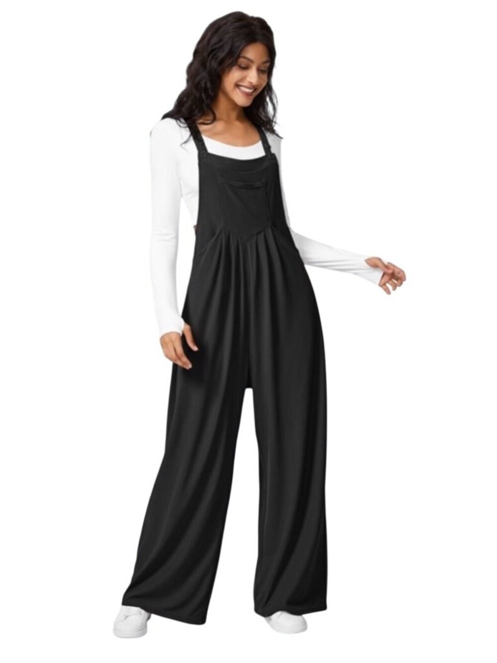 Halara wide leg pleat font jumpsuit W/ Pockets light Waffle knit Overalls Adjus